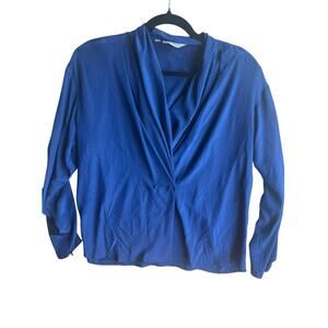 Vintage Women's LARGE Cowl Neck Retro Secretary Glam Satin Blouse NAVY Blue